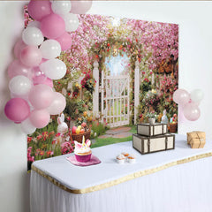 Lofaris Toile de fond de Pâques printanière avec fleurs roses et œufs colorés, magnifique décor de jardin pour séance photo et célébration