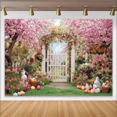 Lofaris Toile de fond de Pâques printanière avec fleurs roses et œufs colorés, magnifique décor de jardin pour séance photo et célébration