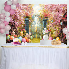 Lofaris Toile de fond de Pâques jardin fleuri, œufs colorés et lapins, magnifique décor printanier pour séance photo et fête