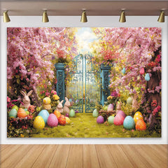 Lofaris Toile de fond de Pâques jardin fleuri, œufs colorés et lapins, magnifique décor printanier pour séance photo et fête