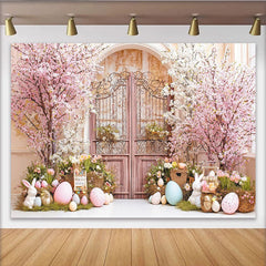 Lofaris Toile de fond de Pâques avec porte rustique et cerisiers en fleurs, décor printanier pour séance photo