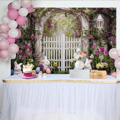 Lofaris Toile de fond photo de Pâques avec lapins et œufs colorés, magnifique décor de jardin fleuri pour studio de printemps