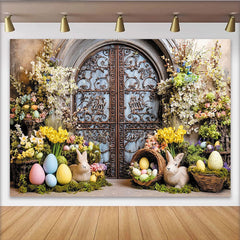 Lofaris Toile de fond de Pâques avec lapins et œufs colorés, magnifique arrière-plan floral printanier pour studio et célébrations