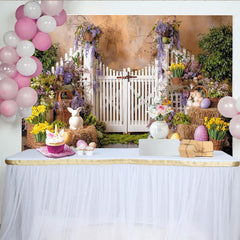 Lofaris Toile de fond de photographie de Pâques, clôture et fleurs, magnifique arrière-plan de jardin festif pour studio photo