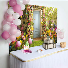 Lofaris Toile de fond de Pâques printanière avec fleurs colorées et œufs, charmant décor de jardin avec lapin et arche pour studio photo