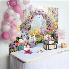 Lofaris Toile de fond de Pâques avec arche fleurie, œufs et lapins, arrière-plan coloré pour studio photo et fête de printemps