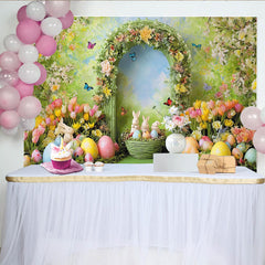 Lofaris Toile de fond de pâques avec arche fleurie et lapins, décor printanier coloré pour séance photo