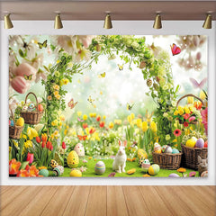Lofaris Toile de fond pour Pâques avec arche florale, œufs et lapins, magnifique décor de jardin printanier pour séance photo
