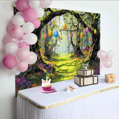 Lofaris Toile de fond de photographie de Pâques forêt enchantée et œufs colorés, magnifique arrière-plan printanier pour studio photo