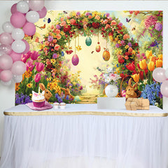 Lofaris Toile de fond de Pâques avec arche fleurie, lapins et œufs colorés, magnifique décor printanier pour studio photo