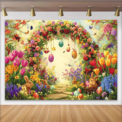 Lofaris Toile de fond de Pâques avec arche fleurie, lapins et œufs colorés, magnifique décor printanier pour studio photo