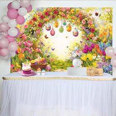 Lofaris Toile de fond de Pâques avec œufs colorés et lapins, magnifique décor printanier fleuri pour studio photo et fête