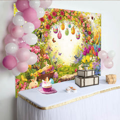 Lofaris Toile de fond de Pâques avec œufs colorés et lapins, magnifique décor printanier fleuri pour studio photo et fête