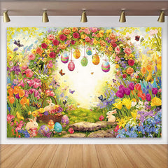 Lofaris Toile de fond de Pâques avec œufs colorés et lapins, magnifique décor printanier fleuri pour studio photo et fête