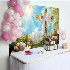 Lofaris Toile de fond de Pâques printanière avec croix en bois et œufs, magnifique décor de jardin fleuri pour séance photo