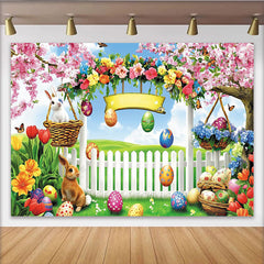 Lofaris Toile de fond de Pâques printanière avec lapins et œufs colorés, magnifique décor de fête pour séance photo