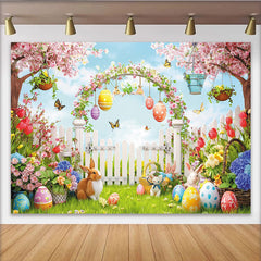 Lofaris Toile de fond de Pâques printanière avec lapins et œufs colorés, magnifique décor de jardin fleuri pour studio photo