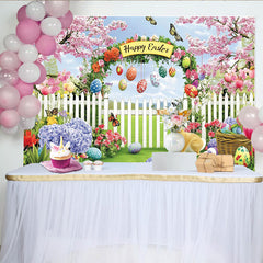 Lofaris Toile de fond de Pâques joyeuse avec lapin et œufs colorés, magnifique décor printanier pour célébration et séance photo