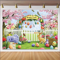 Lofaris Toile de fond de Pâques joyeuse avec lapin et œufs colorés, magnifique décor printanier pour célébration et séance photo