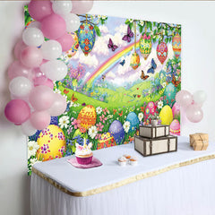 Lofaris Toile de fond de Pâques printanière avec œufs et papillons, magnifique décor de printemps avec arc-en-ciel pour séance photo