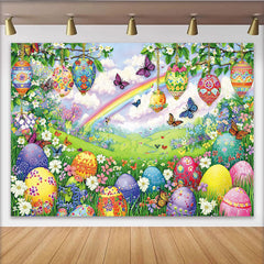 Lofaris Toile de fond de Pâques printanière avec œufs et papillons, magnifique décor de printemps avec arc-en-ciel pour séance photo