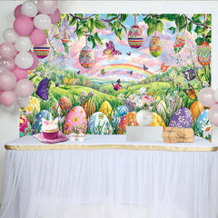 Lofaris, Toile de fond de Pâques avec œufs colorés et papillons, arrière-plan printanier et arc-en-ciel pour studio photo