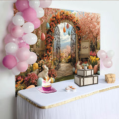 Lofaris Toile de fond de Pâques jardin fleuri avec lapins et œufs colorés, magnifique arrière-plan printanier pour studio photo