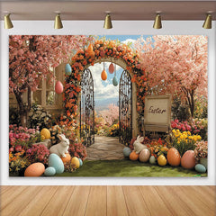 Lofaris Toile de fond de Pâques jardin fleuri avec lapins et œufs colorés, magnifique arrière-plan printanier pour studio photo