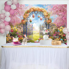 Lofaris Toile de fond de Pâques jardin fleuri avec lapins et œufs colorés, arrière-plan printanier enchanteur pour studio photo