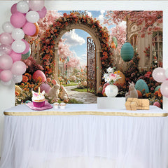 Lofaris Toile de fond de Pâques jardin fleuri avec arche et lapins, décor de printemps avec œufs colorés pour studio photo