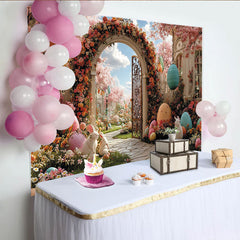 Lofaris Toile de fond de Pâques jardin fleuri avec arche et lapins, décor de printemps avec œufs colorés pour studio photo