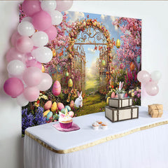 Lofaris Toile de fond de Pâques printanière avec lapins blancs et œufs colorés, magnifique décor de jardin fleuri pour séance photo