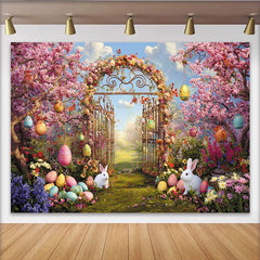 Lofaris Toile de fond de Pâques printanière avec lapins blancs et œufs colorés, magnifique décor de jardin fleuri pour séance photo