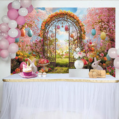 Lofaris: Toile de fond de Pâques jardin fleuri avec lapins et œufs colorés, magnifique arrière-plan printanier pour studio photo et fête