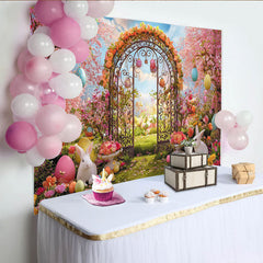 Lofaris: Toile de fond de Pâques jardin fleuri avec lapins et œufs colorés, magnifique arrière-plan printanier pour studio photo et fête