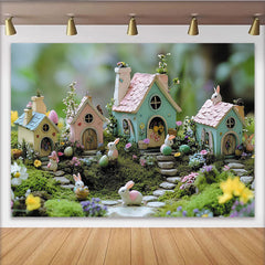 Lofaris Toile de fond de Pâques avec lapins et œufs colorés, maisons féeriques, arrière-plan jardin printanier pour studio photo