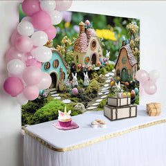 Lofaris Toile de fond de Pâques féerique avec lapins et œufs colorés, magnifique arrière-plan de jardin printanier pour photo