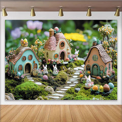 Lofaris Toile de fond de Pâques féerique avec lapins et œufs colorés, magnifique arrière-plan de jardin printanier pour photo