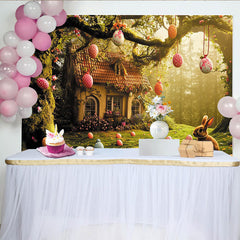 Lofaris Toile de fond de Pâques avec lapin et œufs colorés, maisonnette et fleurs, décor de printemps pour studio photo