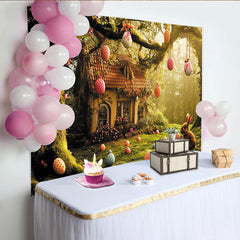 Lofaris Toile de fond de Pâques avec lapin et œufs colorés, maisonnette et fleurs, décor de printemps pour studio photo
