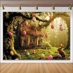 Lofaris Toile de fond de Pâques avec lapin et œufs colorés, maisonnette et fleurs, décor de printemps pour studio photo
