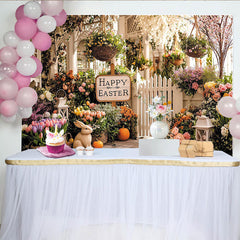 Lofaris Toile de fond de Pâques joyeuse avec lapin et fleurs printanières, magnifique décor de jardin pour séance photo de printemps
