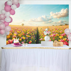 Lofaris Toile de fond de photographie paysage de printemps avec champ de tulipes colorées et ciel bleu, arrière-plan naturel pour studio photo