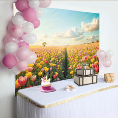 Lofaris Toile de fond de photographie paysage de printemps avec champ de tulipes colorées et ciel bleu, arrière-plan naturel pour studio photo