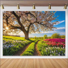 Lofaris Toile de fond paysage de printemps fleuri avec cerisiers, magnifique arrière-plan pour studio photo et séance de portrait