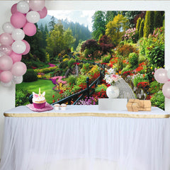 Lofaris Toile de fond de photographie jardin fleuri luxuriant avec chemin pavé, magnifique arrière-plan naturel pour studio photo professionnel