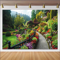 Lofaris Toile de fond de photographie jardin fleuri luxuriant avec chemin pavé, magnifique arrière-plan naturel pour studio photo professionnel