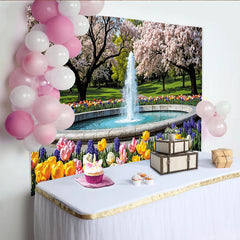 Lofaris Toile de fond de photographie paysage de printemps avec fontaine et cerisiers en fleurs, décor printanier avec tulipes colorées