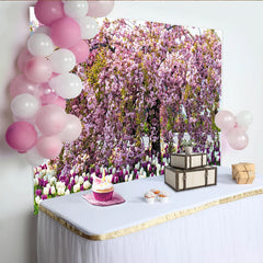 Lofaris Toile de fond de photographie florale avec cerisiers roses et tulipes, magnifique arrière-plan printanier pour studio photo
