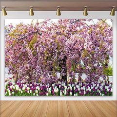 Lofaris Toile de fond de photographie florale avec cerisiers roses et tulipes, magnifique arrière-plan printanier pour studio photo